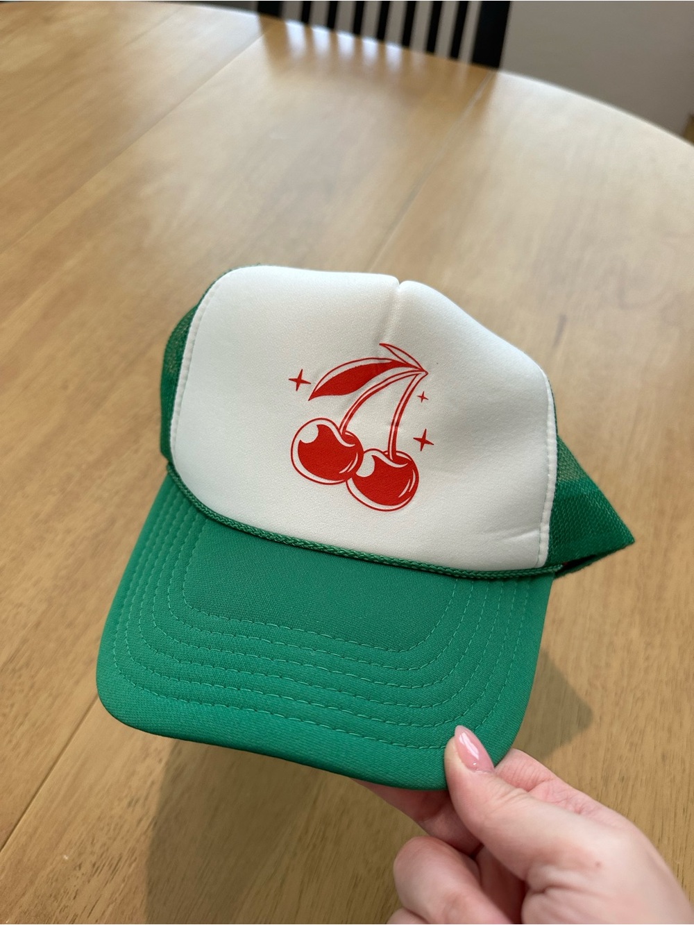 Green and White Trucker Hat with Red Cherry Graphic